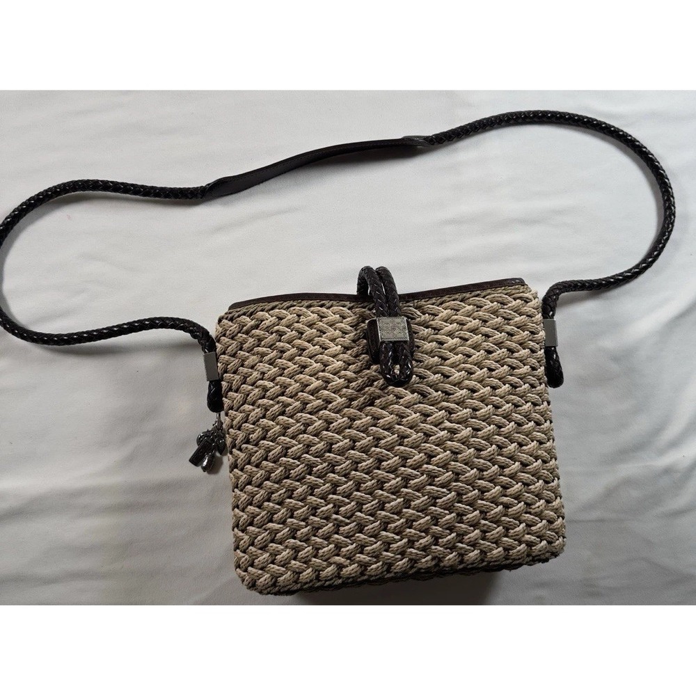 Brighton Roxanne Straw Shoulder Bag‎ Braided Leather Trim Charm Accent Brown